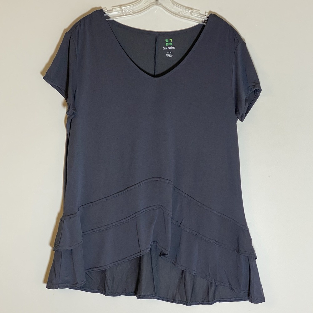 Green‎ Tea Top Womens Small Gray Ruffle Asymmetric Blouse Soft Knit Casual Flowy